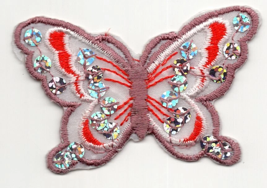 BUTTERFLY White w/Red & White Accents & Silver Sequins 2 3/ 4" Iron On Patch  - Image 1 of 1