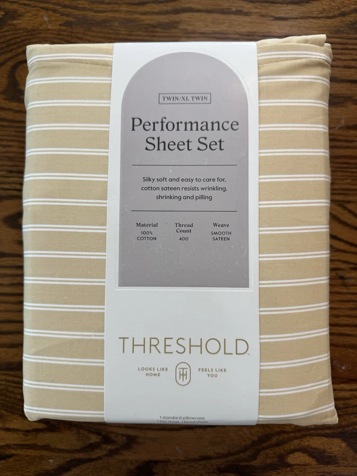 Juego de sábanas de rendimiento Twin XL 400 hilos rayas amarillas/doradas - umbral Foto 1 de 3