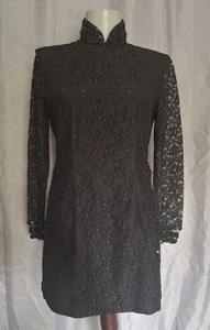 Vtg Black high neck long lace sleeves tunic top sequins side slits formal - Picture 1 of 13