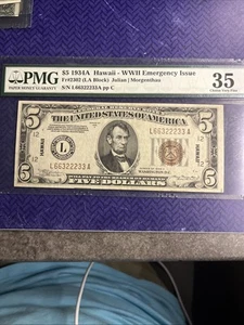 1934 A $5 Hawaii Emergency Issue Note FR 2302 LA Block PCGS 35 Choice Very Fine - Picture 1 of 12