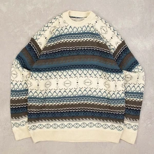 Vintage 90er gemusterter gemusterter Strickpullover L Acryl Herren creme Pullover - Bild 1 von 7