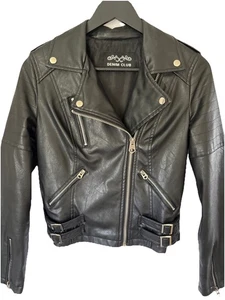 Black Soft Faux Leather Crop Biker Jacket Size 8 - Picture 1 of 8