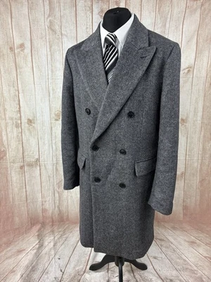 Mens XL Tweed Double Breasted Overcoat Herringbone MANGO Wool Rich Grey Black - Image 1 of 4