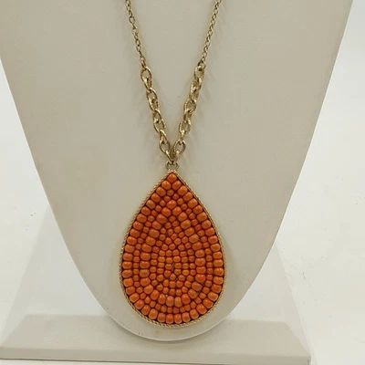 Plunder Gold Tone Chain w Orange Round Bead in Teardrop Shaped Pendant Necklace - Image 1 of 4