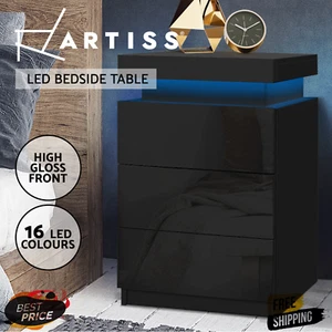 Artiss Bedside Table Side Table 3 Drawers RGB LED High Gloss Nightstand Storage - Picture 1 of 9