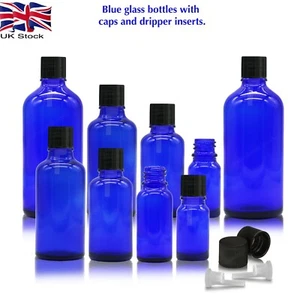 Wholesale BLUE GLASS Dropper Bottle with SIMPLE PLASTIC CAP & DRIPPER Inserts - Picture 1 of 4