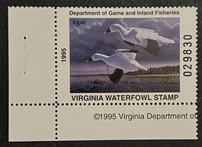 Travelstamps: 1995 Virginia State Duck Stamp - $5 - Mint MNH OG - Image 1 of 4