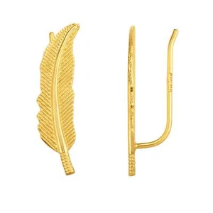 14K Yellow Gold Feather Leaf Design Climber Earrings - Picture 1 of 5