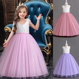 Kids Christmas Party Long Tutu Dresses Flower Girls Wedding Bridesmaid Ball Gown - Picture 1 of 53