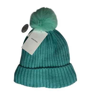 Nordstrom Beanie Hat OS Green New Pastel Faux Fur  Pom-Pom Knit - Image 1 of 4