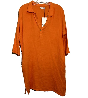 Vestido Zara Algodón Slub Niñas 11-12 Naranja Pullover Cuello Manga 3/4 Bolsillos * Foto 1 de 4