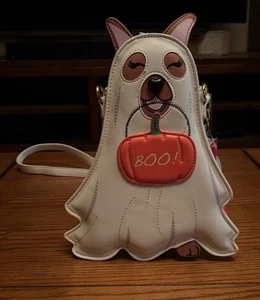 Betsey Johnson Kitsch leuchtend dunkel Halloween XOSPOOKY Hund Geist Umhängetasche Neu mit Etikett - Bild 1 von 3