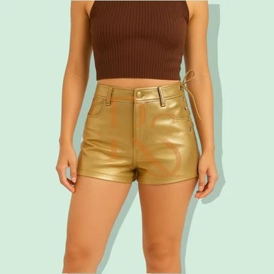 Shorts de couro de cordeiro dourado com cadarço de cintura alta sexy festival clubwear feminino - Imagem 1 de 2