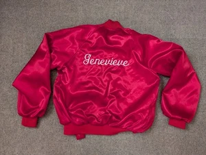 Vtg Hartwell Red Satin Bomber Jacket Snap USA Embroidered RV Club Genevieve Joan - Picture 1 of 10