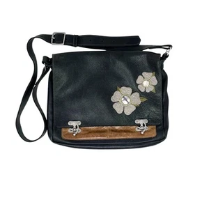 Vintage Mixed Leather Floral Applique Crossbody Shoulder Satchel Messenger Bag - Picture 1 of 12
