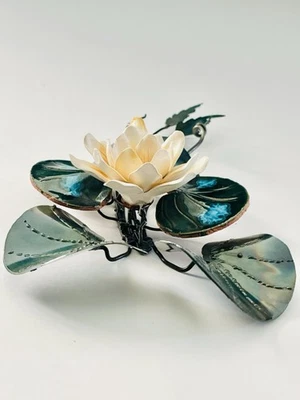 Artist Made Copper & Clay White Lotus Flower Sculpture Wall Art Table Top Signed - Image 1 of 4