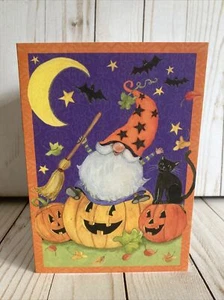 Gnome Tricks Just Treats Pumpkins Bat Cat Happy Halloween Card Susan Winget New - Picture 1 of 6