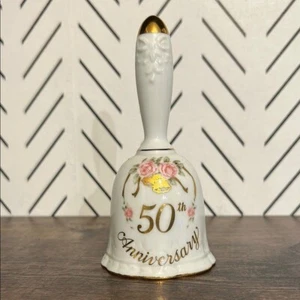 Campana Lefton 50 Aniversario Boda Detalle Dorado Floral Rosa Japón 1988 - Imagen 1 de 5