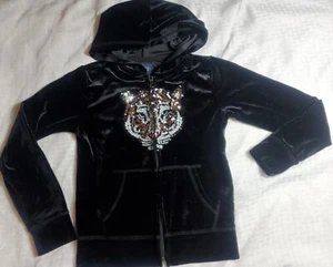 Childrens Place Jacket Girls 5-6 Black Velour sequin Tiger Hooded Zip - Picture 1 of 4