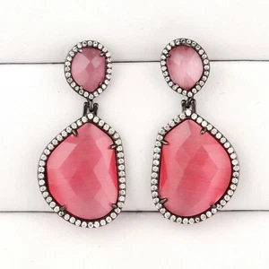New Arrival Pink Cat's Eye CZ Quartz Black Rhodium Plated Drop Dangle Earrings  - Picture 1 of 4