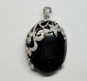 BEAUTIFUL BIG BLACK ONYX GEMSTONE WOMEN PENDANT GENUINE 925 STERLING SILVER NEW - Picture 1 of 6