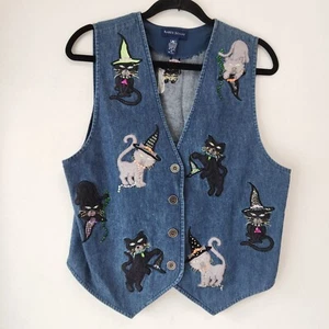 Vintage Karen Scott Halloween Katze Jeansweste Neuheit Druck gruselig Damen M - Bild 1 von 7