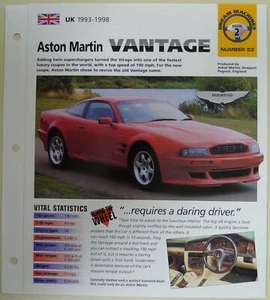 Folleto Especificaciones 1993-1998 Aston Martin Vantage IMP Hot Cars GRUPO 2, NO 53 - Imagen 1 de 3