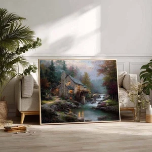 Rustic Watermill Cottage Wall Art Print, Countryside Landscape Painting Style - Picture 1 of 11
