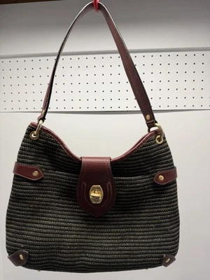 Eric Javits New York Shenia Brown Gold Woven Leather Trim Turn Lock Handbag - Image 1 of 4