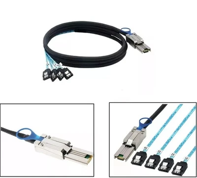 Mini SAS 26P SFF 8088 Male to 4 x SATA 7 Pin 1m 3.3ft Latch Cable Top New Cable - Image 1 of 4