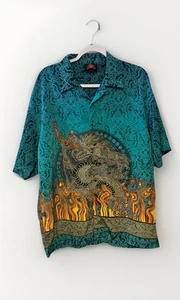 Vintage 7 Diamonds Blue Y2K Mens Shirt Dragon Fire All Over Flames Size Large - Picture 1 of 7