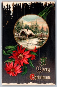Postcard A Merry Christmas Cabin Black Textured Background Embossed Poinsettia - Picture 1 of 3