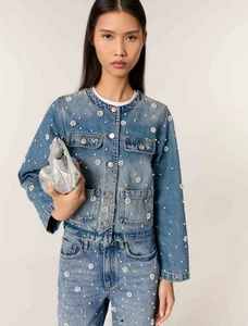 Chaqueta vaquera bordada Maje azul con cuentas estrás flor talla UK 8 NUEVA CON ETIQUETAS - Imagen 1 de 6