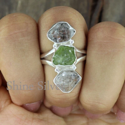 Peridot Raw Rough Three Stone 925 Sterling Silver Herkimer Ring Size 6 US NR332 - Image 1 of 4