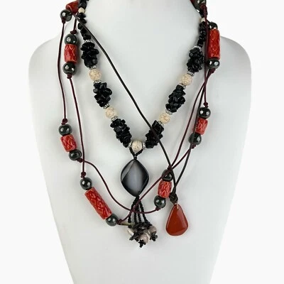 Lote De 3 Collares Artesanales Cuentas De Cerámica Y Vidrio Piedra Colgante Cordón Boho Foto 1 de 4