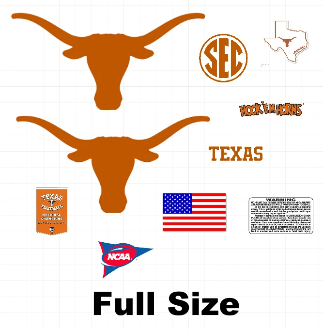 Texas Longhorns Full Size FS Football Helmet Decals 8 Mil Convex Gear Wrap - Image 1 of 1