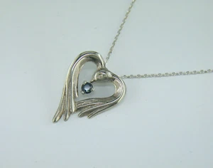 Sterling Silver Blue Sapphire Dove Heart Pendant Necklace - Picture 1 of 3
