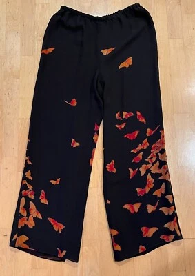 AKRIS BERGDORF GOODMAN Butterflies Print SHEER SILK LINED Black PANTS 10 Neimans - Image 1 of 4