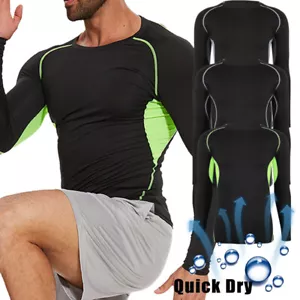US Men Compression Shirts Long Sleeve Athletic Workout Base Layer Quick Dry Tops - Picture 1 of 22