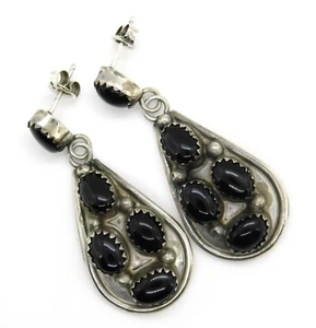 Signed Native American D Spencer 925 Sterling Silver & Onyx Dangle Drop Earrings - Picture 1 of 5