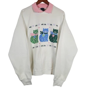 VTG Quilt Pattern Cat Graphic Sweatshirt XL White Collared Mice Grandma Cottage - Picture 1 of 5