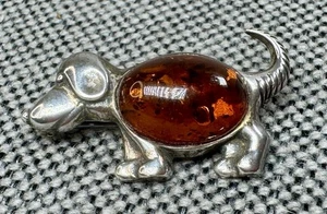 Vintage Sterling Silber 925 Baltischer Bernstein Hund Dackel Anstecknadel Brosche - Bild 1 von 7