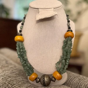 Collana Vintage Pietra Naturale Copal Tono Argento Boho Tribale Perline Dichiarazione - Foto 1 di 7