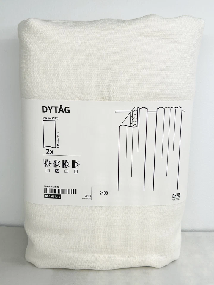 Ikea DYTAG Curtains 2 Panels (1 pair) 100 Linen 57" " White 004.667.15