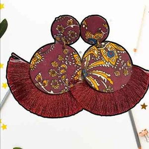 Boho bohemian western Aztec tribal floral burgundy tassel post earrings OS - Picture 1 of 6