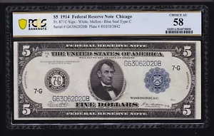 US 1914 $5 FRN Chicago Note FR 871c PMG 58 Ch AU (020) - Picture 1 of 2