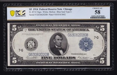 US 1914 $5 FRN Chicago Note FR 871c PMG 58 Ch AU (020) - Image 1 of 2