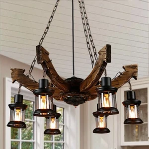 Retro Wood Pendant Lighting 6-Lights Rustic Chandelier Farmhouse Ceiling Lamps - Picture 1 of 16