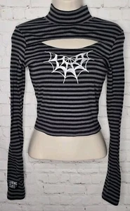 Lurking Class Spider Web Striped Crop Top Cutout Mock Neck Gothic Womens M - Picture 1 of 7