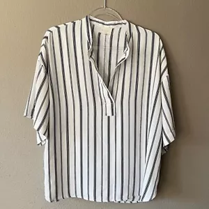 Melloday Bluse V-Ausschnitt Kurzarm gestreift lockere Passform halbtransparent Größe L - Bild 1 von 6